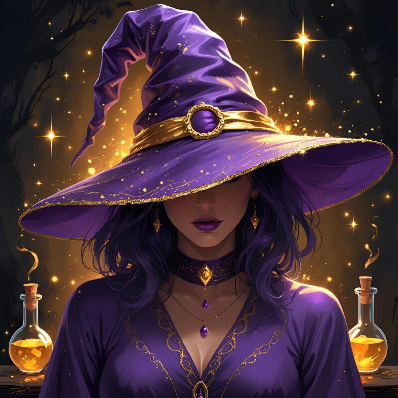 A witch with dark hair, face partially obscured by a purple and gold witch hat