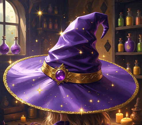 Purple witch hat with a spellshop in the background