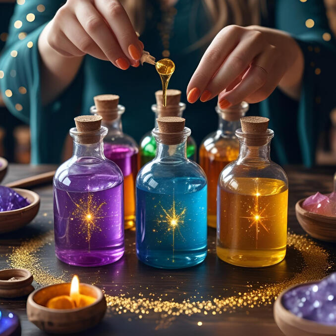 Female hands pouring golden liquid into sparkling potions